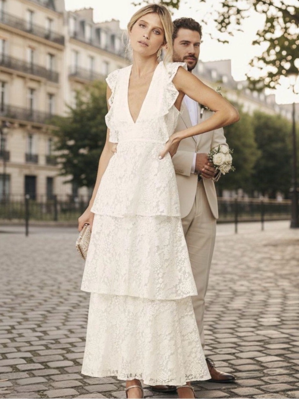 Lulus Molinetto Elegant White Lace Tiered V-Neck Maxi Dress